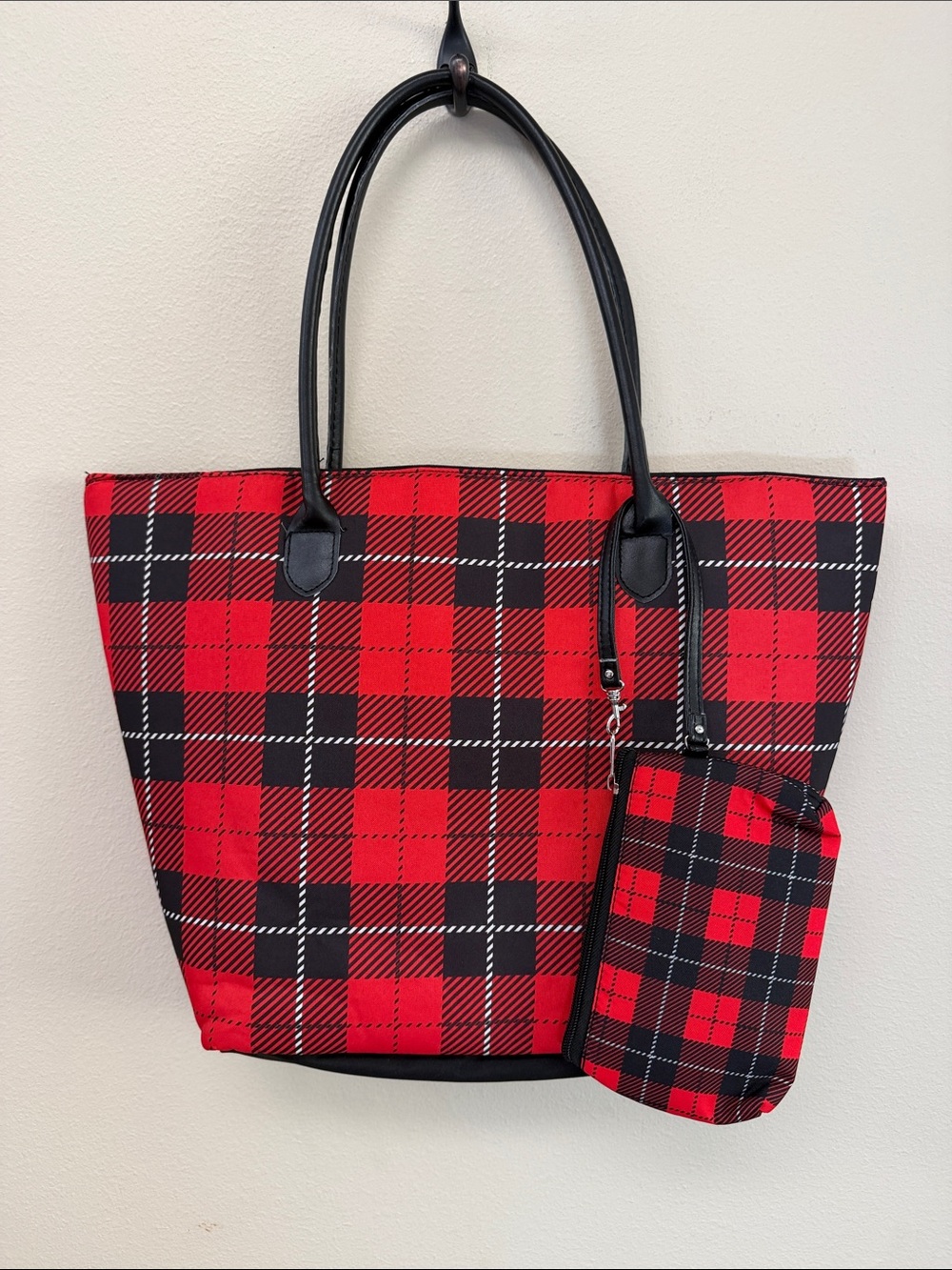 Red and Black Plaid Tote Bag with Zip Pouch Nylon Material